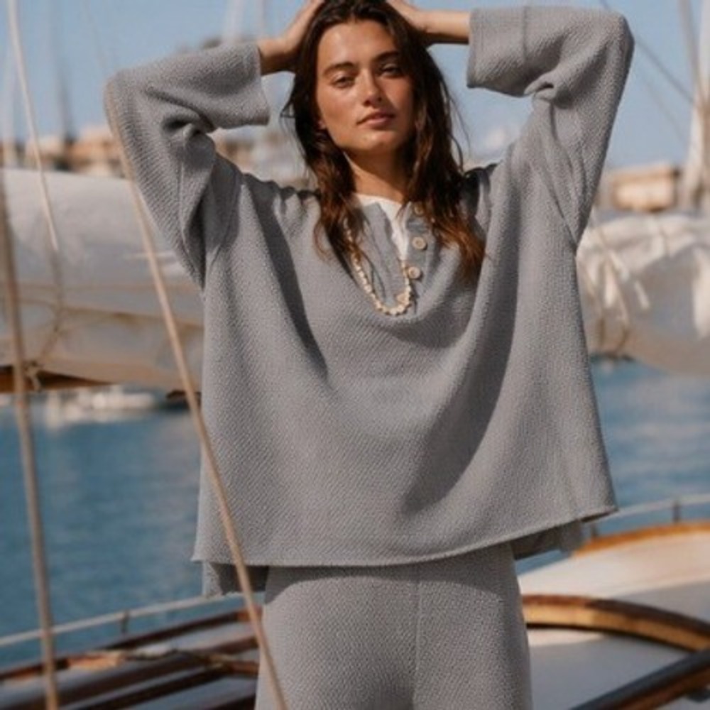 Free People Gray Scoop Neck Waffle Knit Sweater